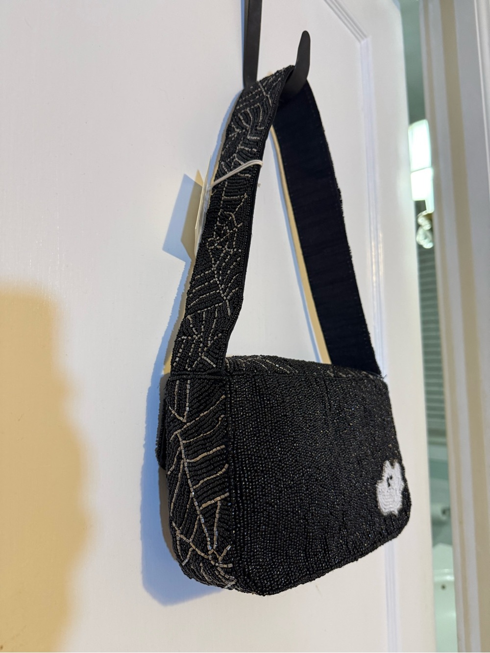 Viral TJMAX Black Beaded Shoulder Bag with White Ghost Motif, Halloween fall NWT - Picture 7 of 12